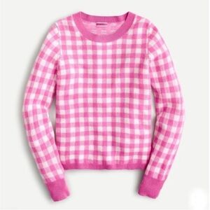 J Crew Cashmere Crewneck Sweater in Gingham Pink Womens Size Medium Long Sleeve